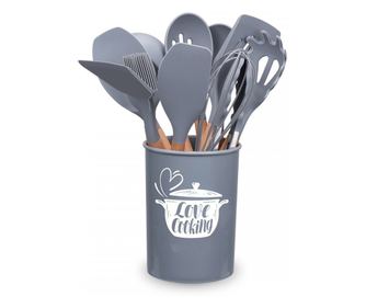 Комплект кухненски прибори Love cooking by Krasino, сив, силикон, дърво, метал, 12 части
