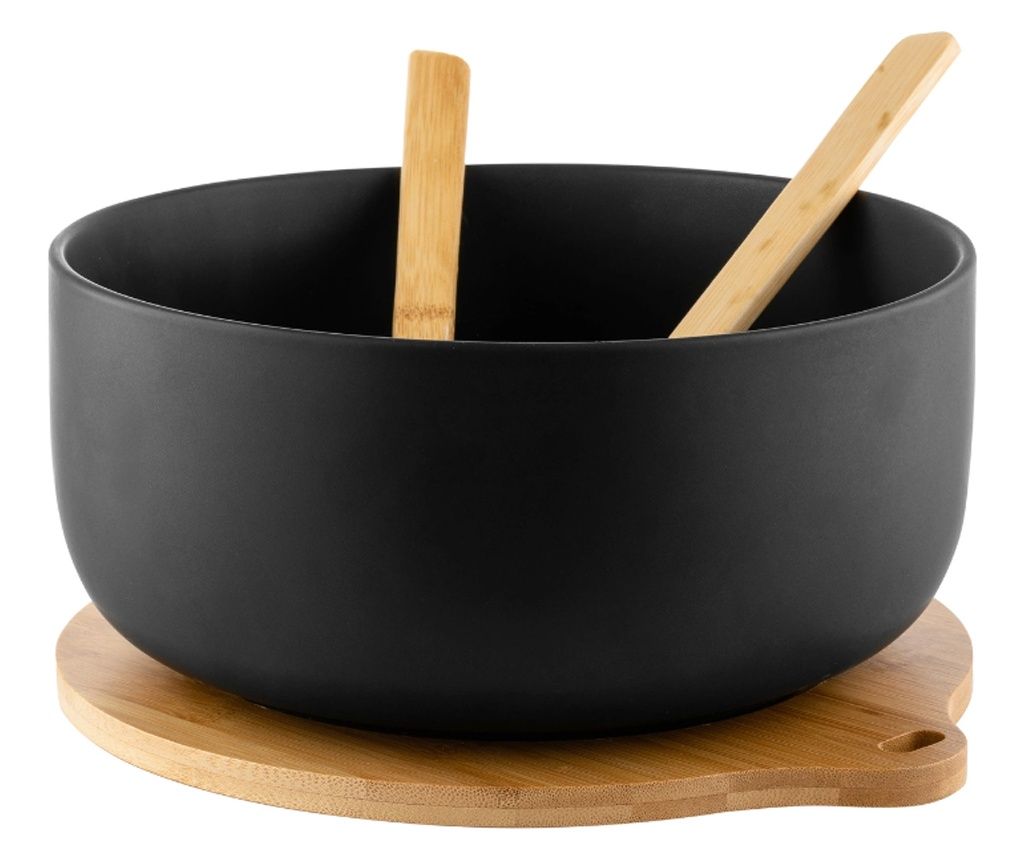 Adria Black Bowl, porcelain, bamboo base, set of 2 spoons, 25 x 11 cm