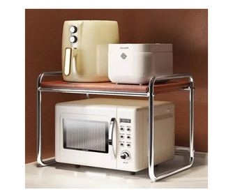 Рафт за микровълнова фурна, метална рамка, MDF рафт, кухненски органайзер, сив/кафяв, 50,5 см x 36 см x 48,5 см