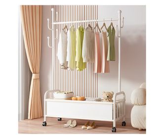 Закачалка, мобилна, Отделение за обувки, Herum, Метал, Бял, 80 x 37 x 168 cm