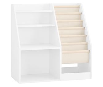 SoBuy KMB119-W Montessori könyvespolc gyermekeknek, 3 polccal és kosárral. Tárolópolc játszószobába, fehér színben. Helytakaréko