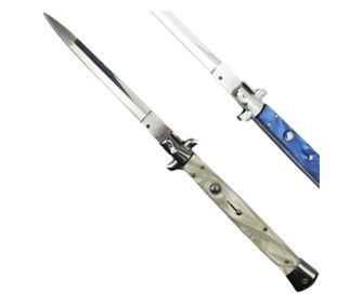 Zestaw dwóch noży automatycznych typu stiletto, ostrze włoskie, stal nierdzewna, pochwa w zestawie, srebrno-niebieski, 33 cm