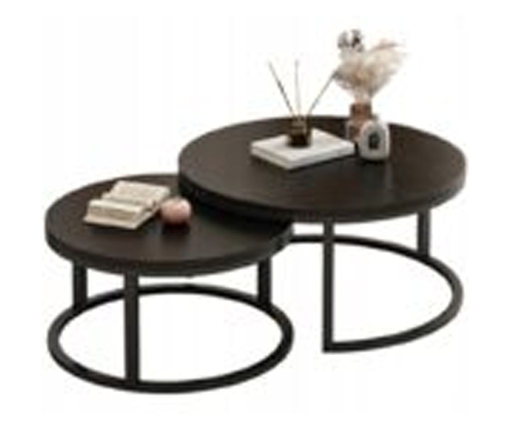Set of 2 Black Modern Round Coffee Tables for Loft-Style Living Room
