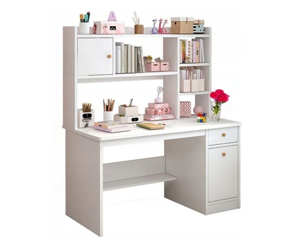 Birou alb pentru laptop, stil loft, cu 7 rafturi