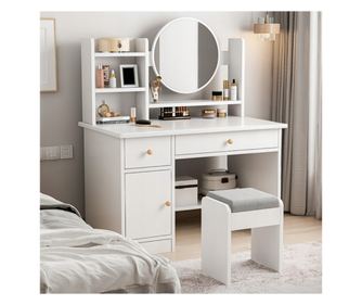 Masă de toaletă albă cu oglindă și sertare pentru machiaj glamour, în stil scandinav