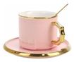 Cana din ceramica si lingurita Pufo Luxury pentru cafea sau ceai, 230 ml, roz
