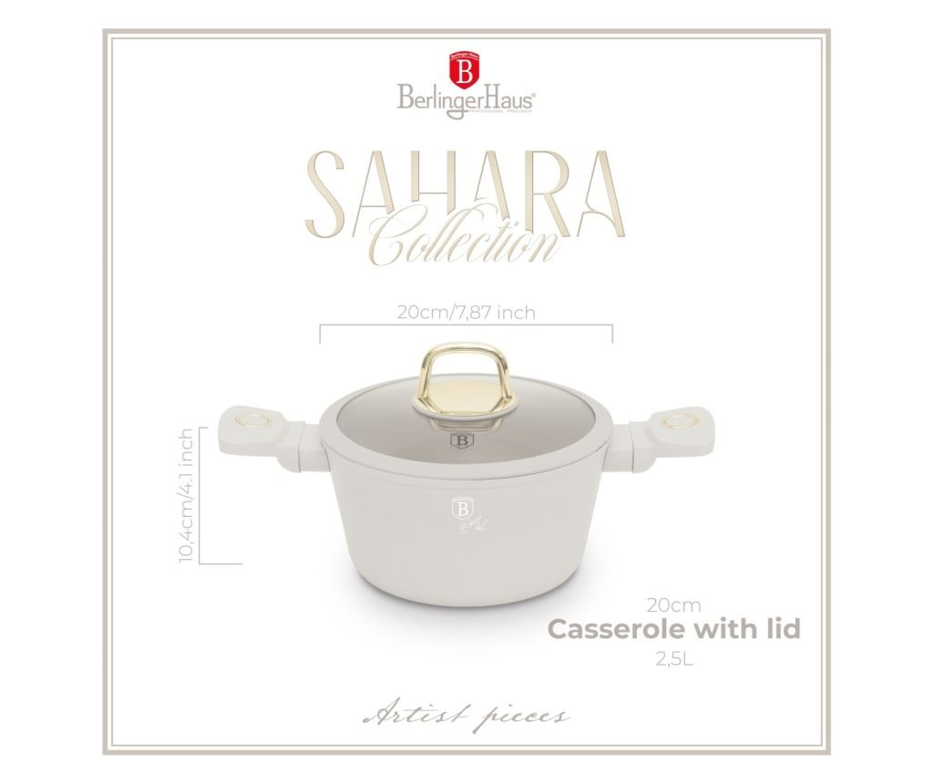 Oală cu capac 20 cm, 2.5L – Berlinger Haus Sahara Collection BH 8070, crem, cu strat antiaderent cu titan, pentru gătit zilnic - 2