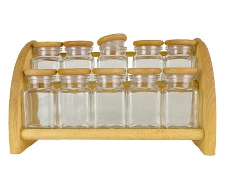 Комплект бутилки за подправки на дървена поставка 10 бр