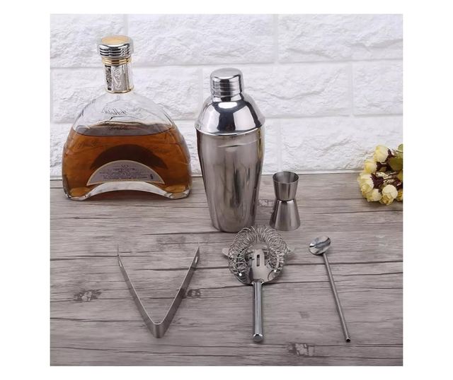 Set pentru cocktail si bauturi, inox, 6 piese, Gonga® Argintiu
