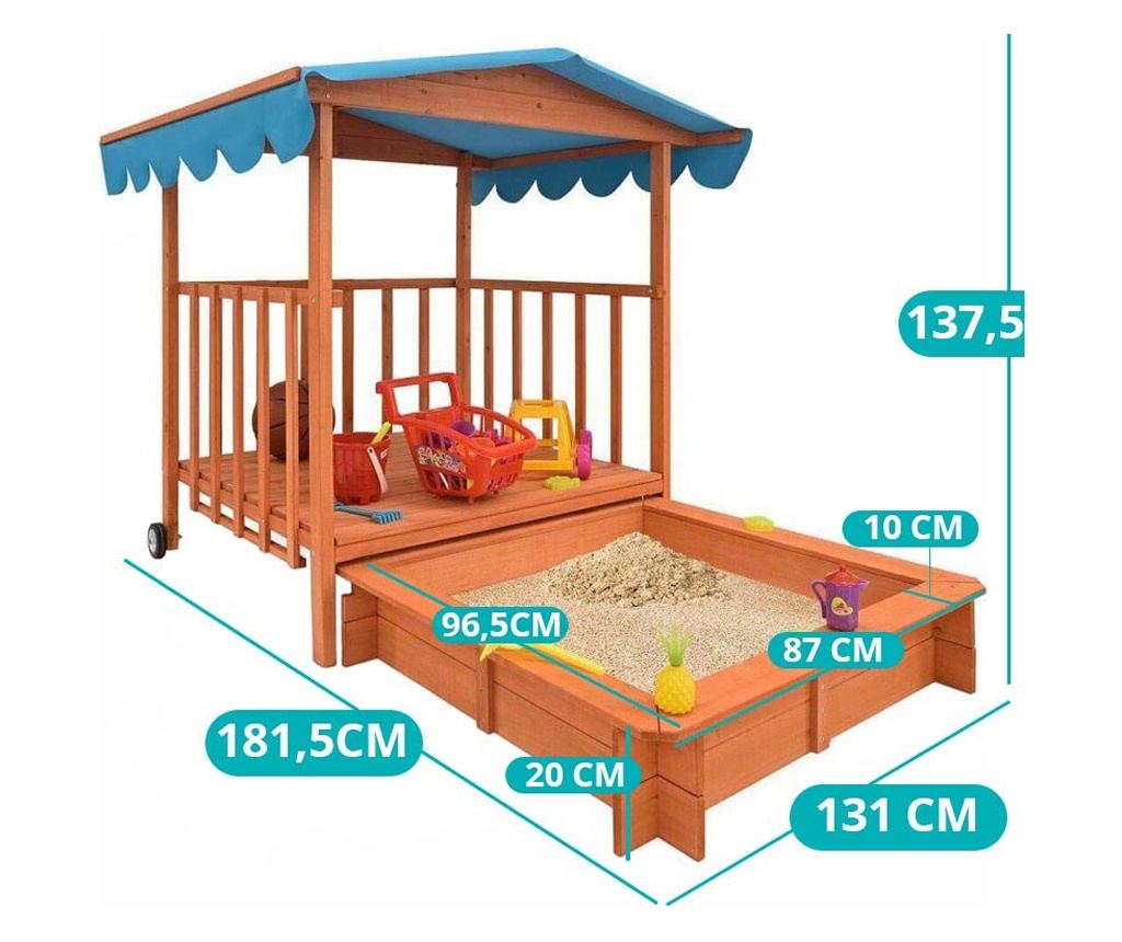 Dřevěný hrací domeček se stříškou a pískovištěm - 4