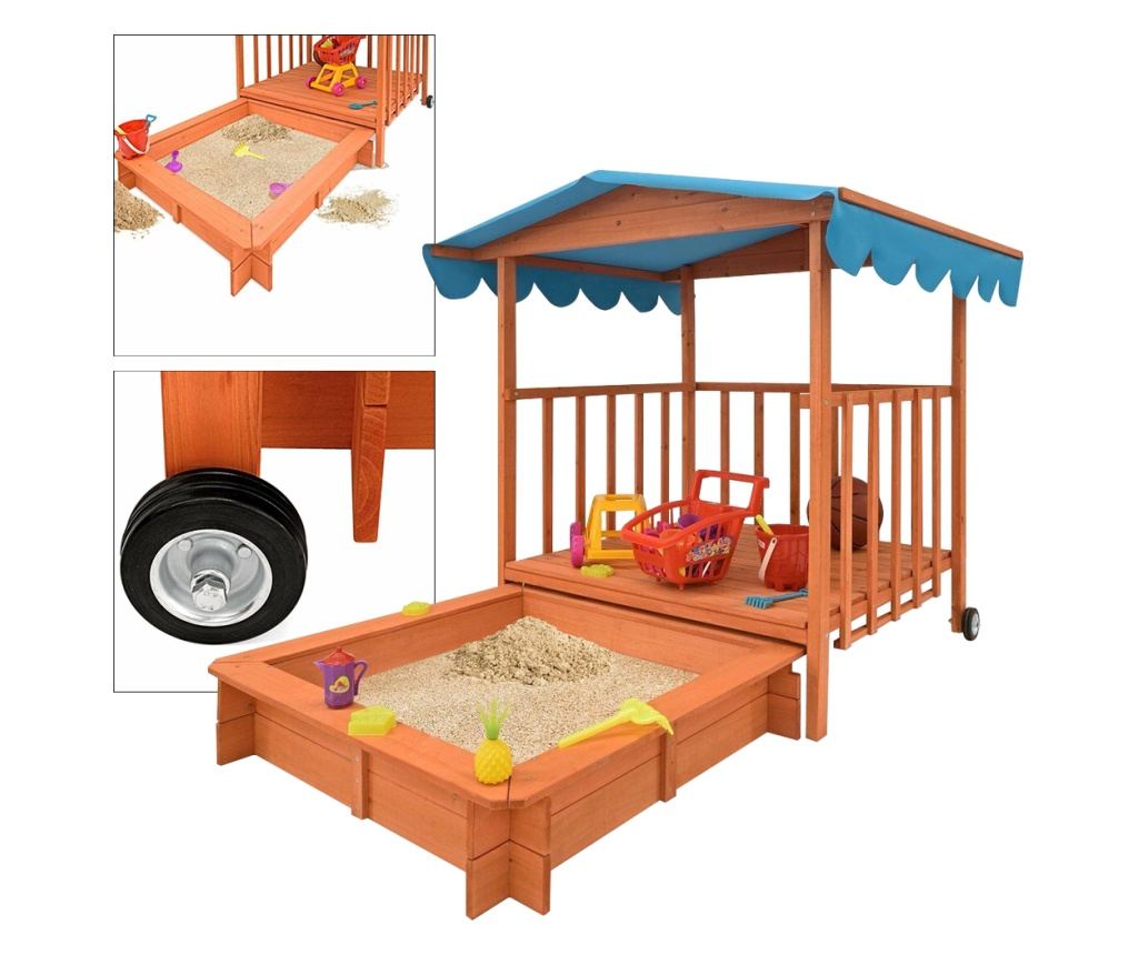Dřevěný hrací domeček se stříškou a pískovištěm - 7