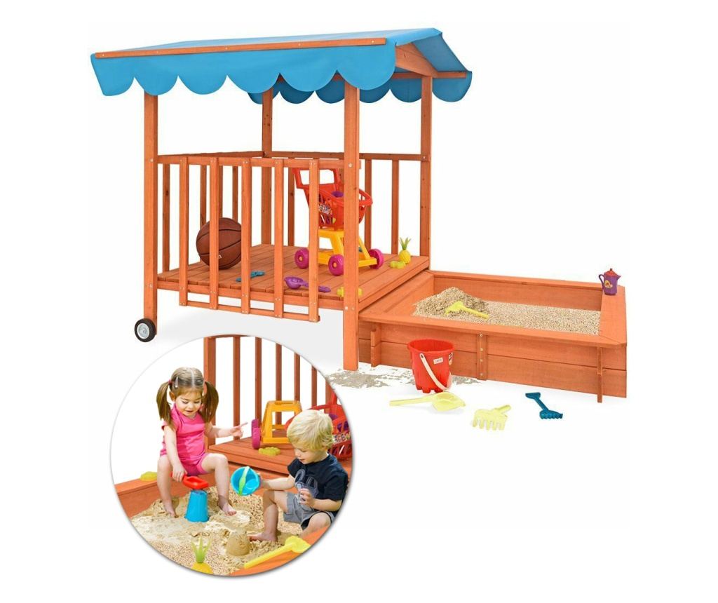 Dřevěný hrací domeček se stříškou a pískovištěm - 10