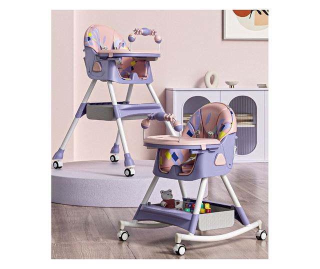 Scaun de Masa pentru Bebelusi si Copii, Cyrax, 2 Tavite cu Jucarii si Husa Detasabile, Multifuncțional, Stabil, Centura de Sigur