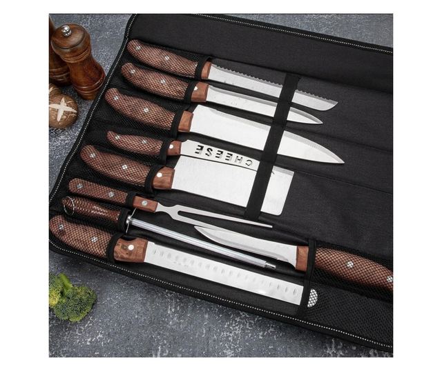 Професионален комплект ножове и прибори в черен калъф Royalty Line, RL-K9C, Неръждаема стомана, Кафяви дръжки, 10 части