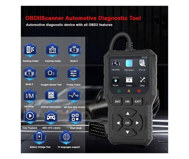 Foxsur V529 OBD2 autódiagnosztikai teszter, akkumulátorteszt, hibakód-keresés, 10 nyelv, motorkódok, O2 érzékelő, EVAP, képkocka