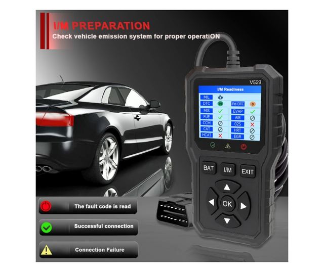 Foxsur V529 OBD2 autódiagnosztikai teszter, akkumulátorteszt, hibakód-keresés, 10 nyelv, motorkódok, O2 érzékelő, EVAP, képkocka
