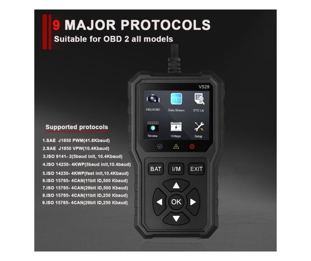 Foxsur V529 OBD2 autódiagnosztikai teszter, akkumulátorteszt, hibakód-keresés, 10 nyelv, motorkódok, O2 érzékelő, EVAP, képkocka