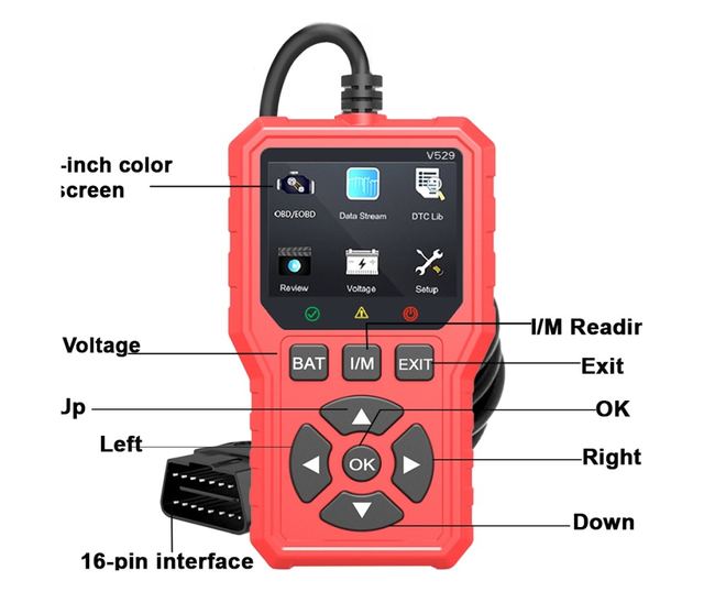 Foxsur V529 OBD2 autódiagnosztikai teszter, akkumulátorteszt, hibakód-keresés, 10 nyelv, motorkódok, O2 érzékelő, EVAP, képkocka