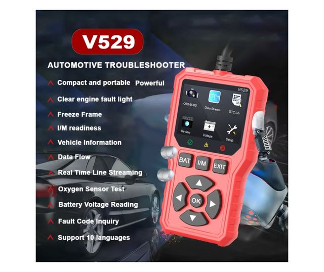 Foxsur V529 OBD2 autódiagnosztikai teszter, akkumulátorteszt, hibakód-keresés, 10 nyelv, motorkódok, O2 érzékelő, EVAP, képkocka