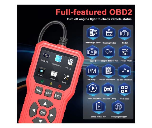 Foxsur V529 OBD2 autódiagnosztikai teszter, akkumulátorteszt, hibakód-keresés, 10 nyelv, motorkódok, O2 érzékelő, EVAP, képkocka