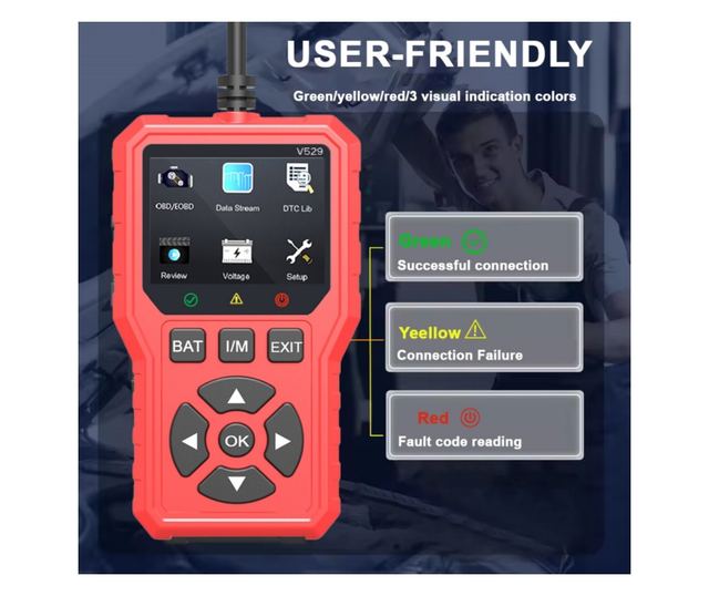 Foxsur V529 OBD2 autódiagnosztikai teszter, akkumulátorteszt, hibakód-keresés, 10 nyelv, motorkódok, O2 érzékelő, EVAP, képkocka