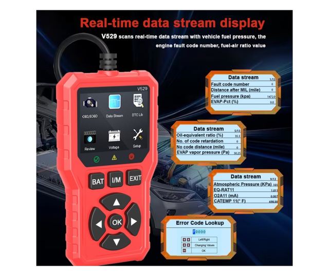 Foxsur V529 OBD2 autódiagnosztikai teszter, akkumulátorteszt, hibakód-keresés, 10 nyelv, motorkódok, O2 érzékelő, EVAP, képkocka