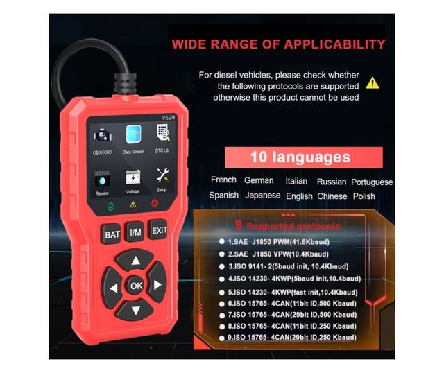 Foxsur V529 OBD2 autódiagnosztikai teszter, akkumulátorteszt, hibakód-keresés, 10 nyelv, motorkódok, O2 érzékelő, EVAP, képkocka