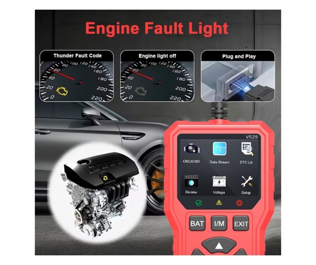 Foxsur V529 OBD2 autódiagnosztikai teszter, akkumulátorteszt, hibakód-keresés, 10 nyelv, motorkódok, O2 érzékelő, EVAP, képkocka