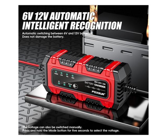 Foxsur Moto/Auto 6V-12V, 4Ah–30Ah, intelligens akkumulátortöltő-egyenirányító javítási móddal és automatikus érzékeléssel