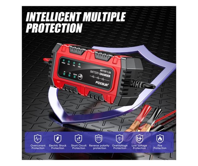 Foxsur Moto/Auto 6V-12V, 4Ah–30Ah, intelligens akkumulátortöltő-egyenirányító javítási móddal és automatikus érzékeléssel