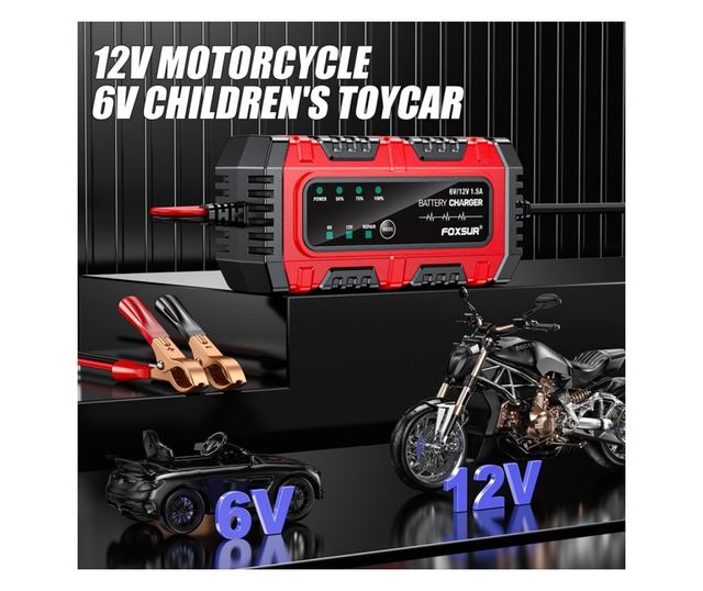Foxsur Moto/Auto 6V-12V, 4Ah–30Ah, intelligens akkumulátortöltő-egyenirányító javítási móddal és automatikus érzékeléssel