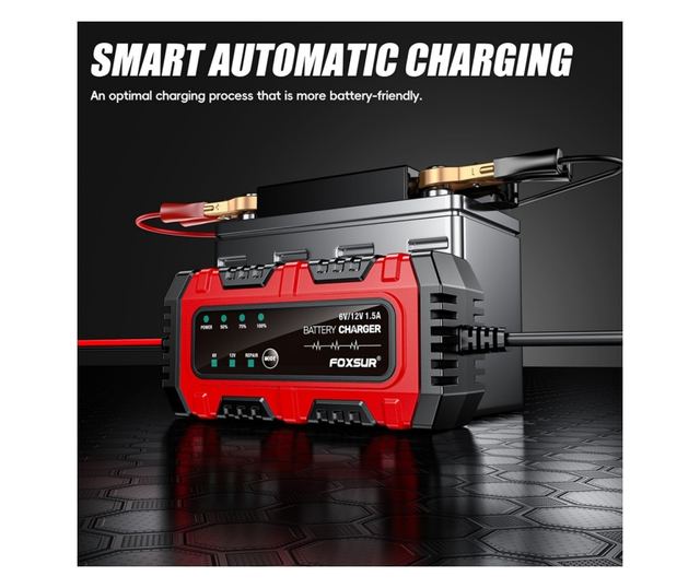 Foxsur Moto/Auto 6V-12V, 4Ah–30Ah, intelligens akkumulátortöltő-egyenirányító javítási móddal és automatikus érzékeléssel