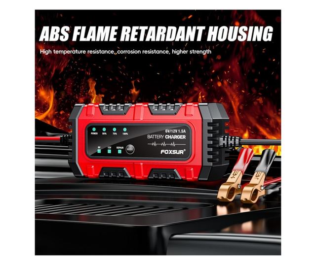 Foxsur Moto/Auto 6V-12V, 4Ah–30Ah, intelligens akkumulátortöltő-egyenirányító javítási móddal és automatikus érzékeléssel