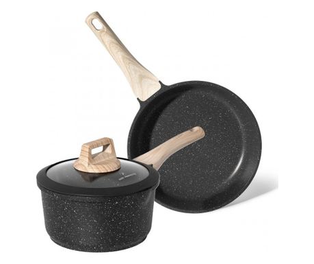 Комплект тиган и касерола Just Perfecto JL-43, 2 ч, Мраморно покритие, Без PFOA и PFAS, Стъклен капак, Индукция, Черен