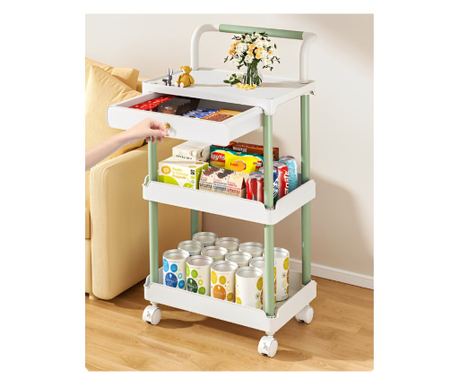 Suport cu 3 rafturi, un sertar si roti, din plastic, Neirini, Alb/Verde, 36.5 x 28 x 74.5 cm