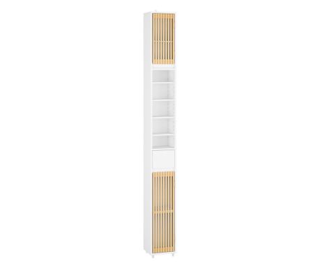 SoBuy BZR34-BW Helytakarékos magas fürdőszobaszekrény 6 állítható polccal, bambusz ajtókkal. A kompakt, fehér (20x20x180 cm) sze
