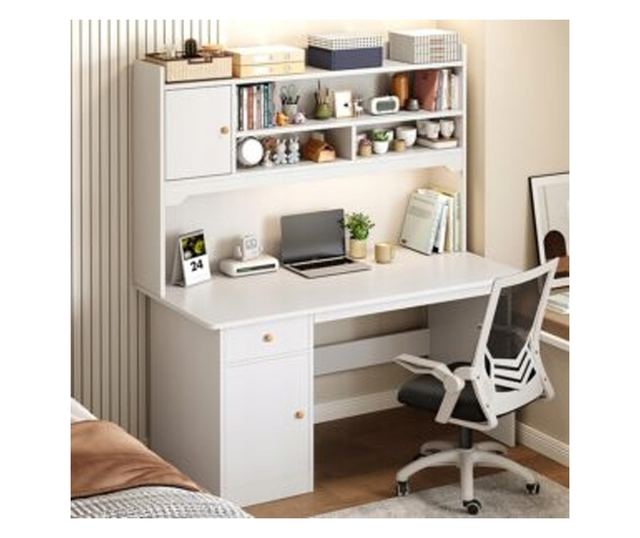 Biro alb pentru laptop, în stil loft, cu rafturi mari pentru jocuri