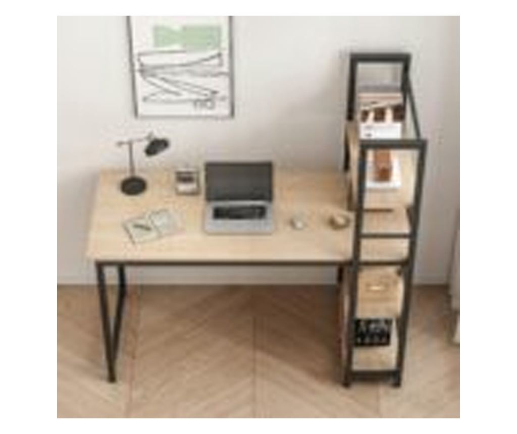Biro pentru tineri cu rafturi pentru computer, rafturi metalice moderne, maro deschis - 3