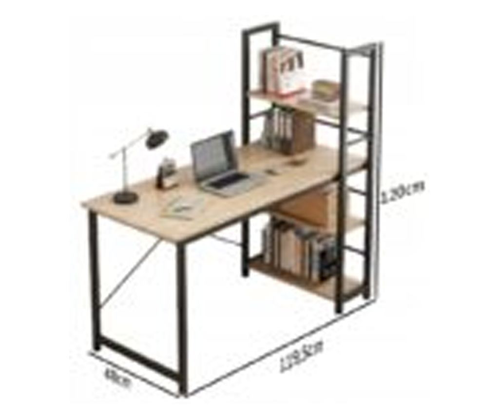 Biro pentru tineri cu rafturi pentru computer, rafturi metalice moderne, maro deschis - 4