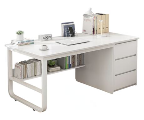 Birou alb pentru laptop, în stil scandinav, cu 3 rafturi