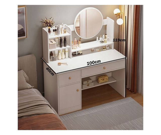 Masă de toaletă cu oglindă și sertare, albă, stil scandinav glamour, 100 cm