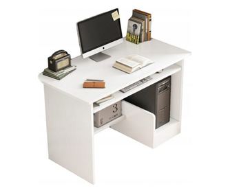 Birou alb pentru tineri cu sertar, rafturi, computer, masă modernă