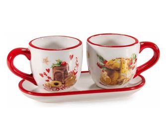 Komplet 2 večbarvnih keramičnih skodelic s pladnjem Ø 6,5 cm x 6 V, 16,5 x 7,5