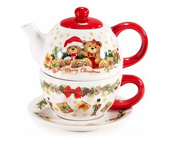Többszínű kerámia karácsonyi teáscsésze és teáskanna készlet, 17,5 x 11,5 x 16 cm