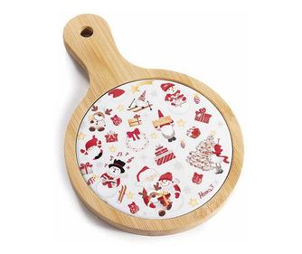 Комплект от 2 коледни чинии, дърво и многоцветна керамика, 12 x 18 см височина