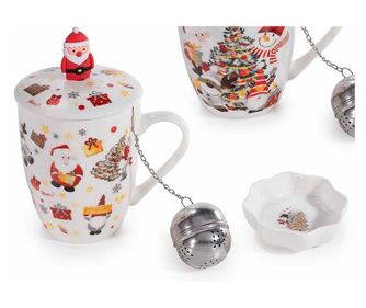 Set od 4 Božićne Porculanske Šalice s Infuzerima za Čaj i Tanjurićima, Višebojne Ø 8.5 cm x 10.5 V, 350 ml