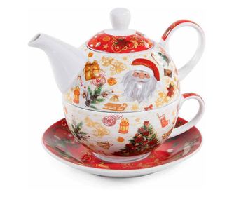 Karácsonyi porcelán teáskészlet csészével, többszínű, 16 x 10,5 x 13,5 cm magas, 370 ml, 240 ml
