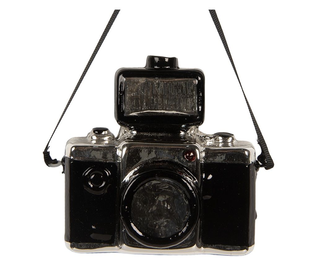 Komplet 6 okraskov za božično drevo, dizajn kamere, srebrno in črno steklo, 9x5x9 cm