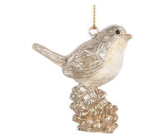 Sada 2 ozdôb na vianočný stromček v tvare vtáčika, polyresin, béžová/zlatá, 6x3x6 cm