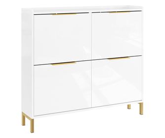 Dulap de pantofi alb, design nordic, finisaj lustruit, mânere aurii